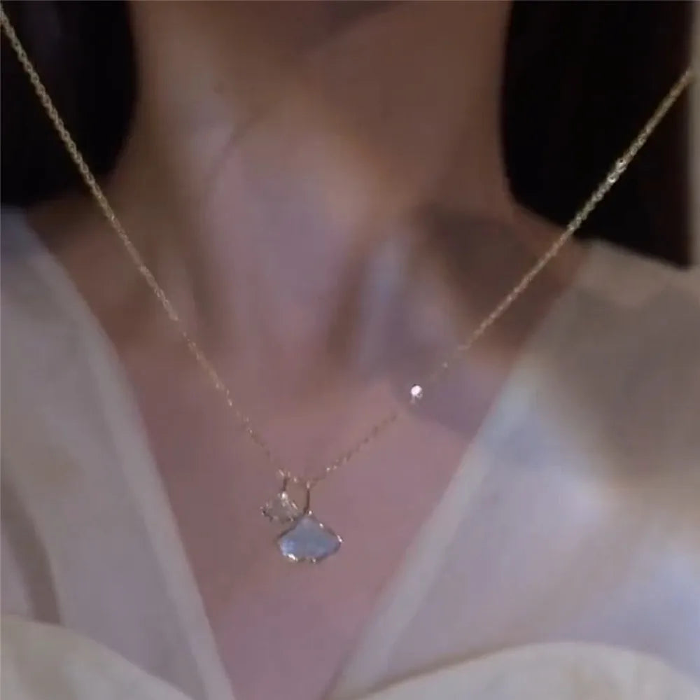 18K Plated Apricot Leaf Necklace Glass Resin Zircon Pendant