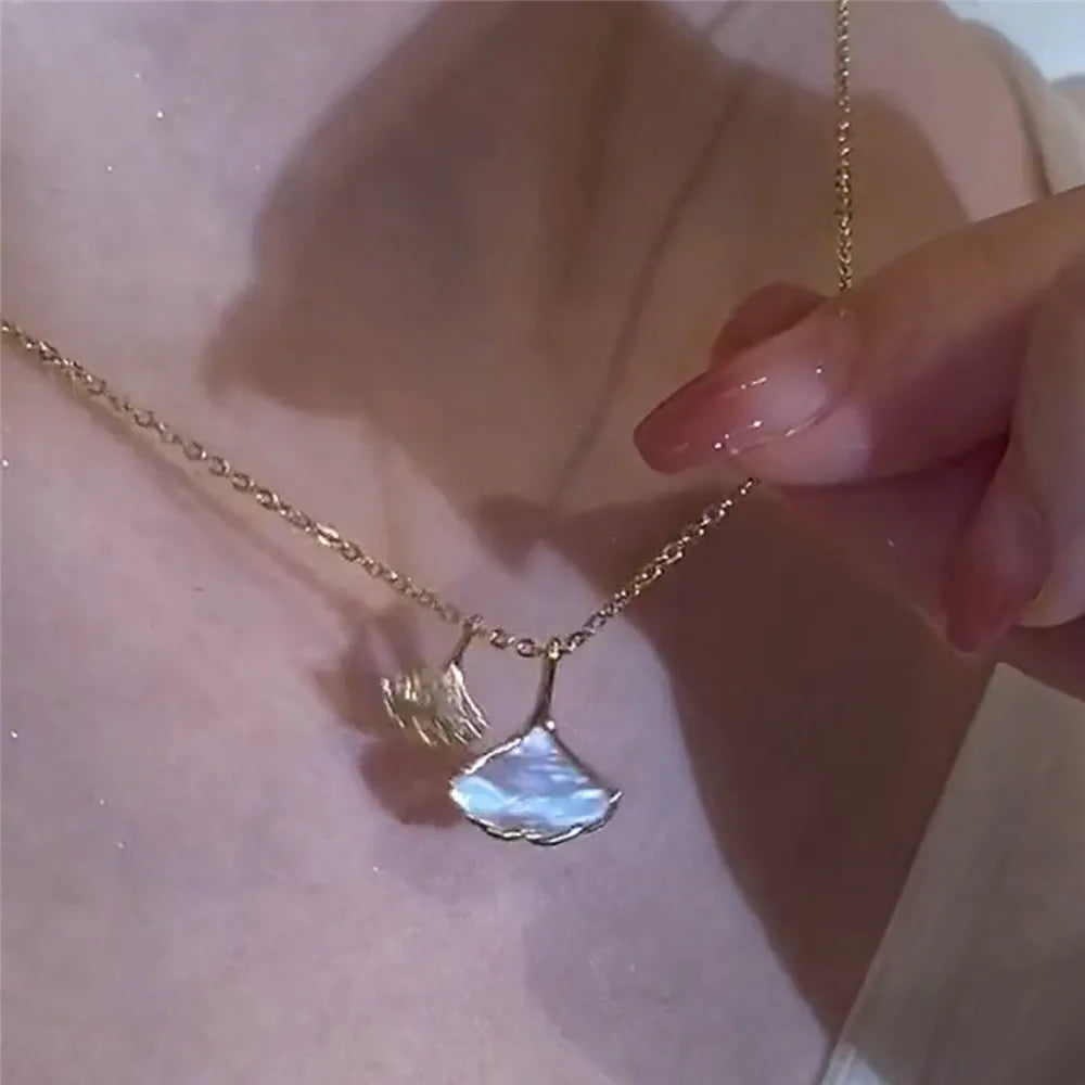 18K Plated Apricot Leaf Necklace Glass Resin Zircon Pendant