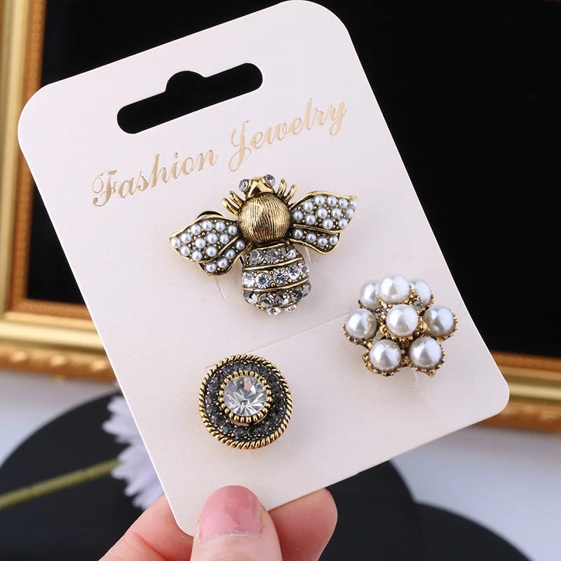 Bee Pearl Rhinestone Brooch Pins Set Retro Jewelry Women