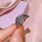 925 Silver CZ Stone Leaf Feather Wedding Rings for Women