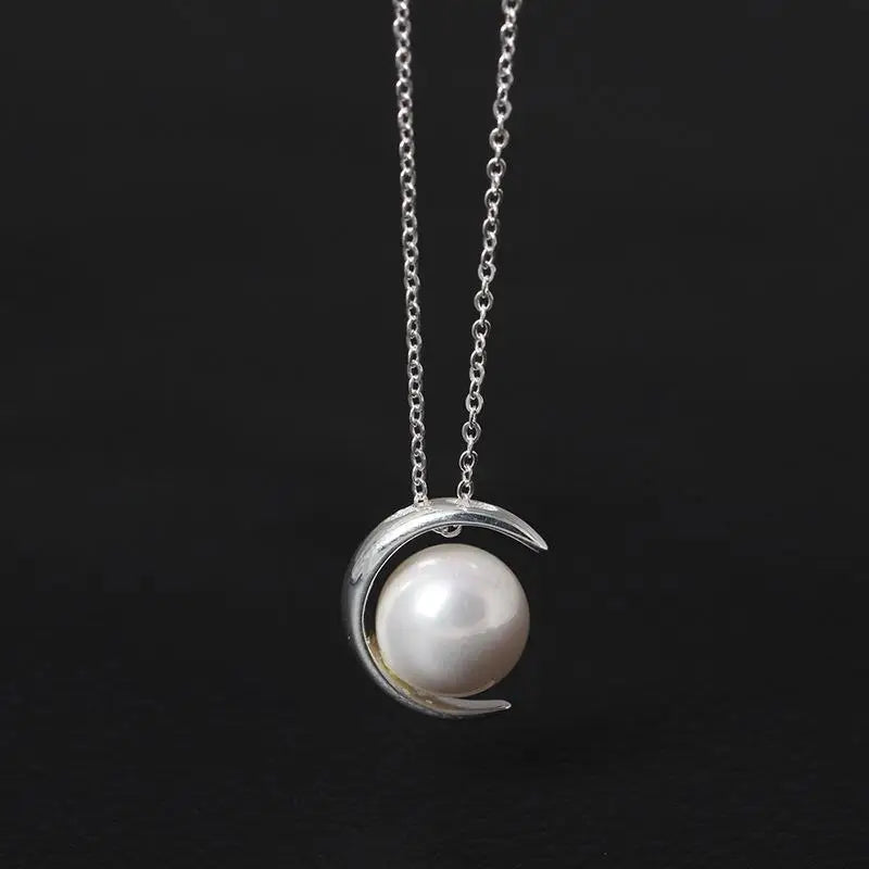 925 Sterling Silver Choker Necklace Moon with Pearl