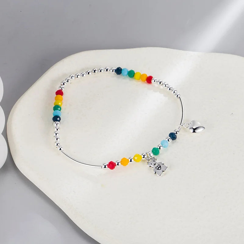 925 Silver Colorful Beads Charm Bracelet Girls Party Jewelry Gift