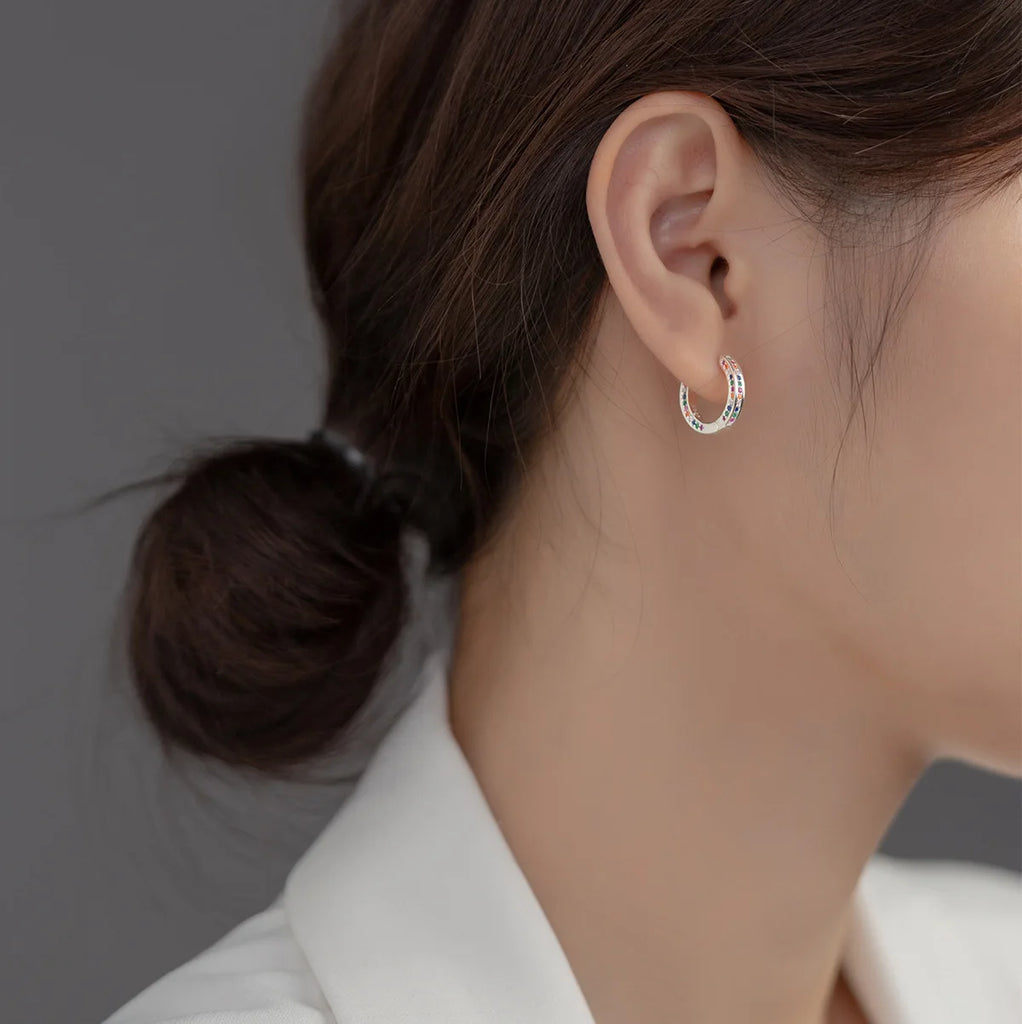 925 Silver Crystal Hoop Clip Earrings Colorful Wedding Jewelry