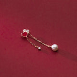 925 Silver Crystal Pearl Heart Tassel Stud Earrings Wedding Jewelry Gift