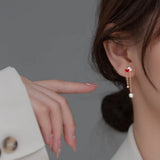 925 Silver Crystal Pearl Heart Tassel Stud Earrings Wedding Jewelry Gift