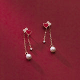 925 Silver Crystal Pearl Heart Tassel Stud Earrings Wedding Jewelry Gift