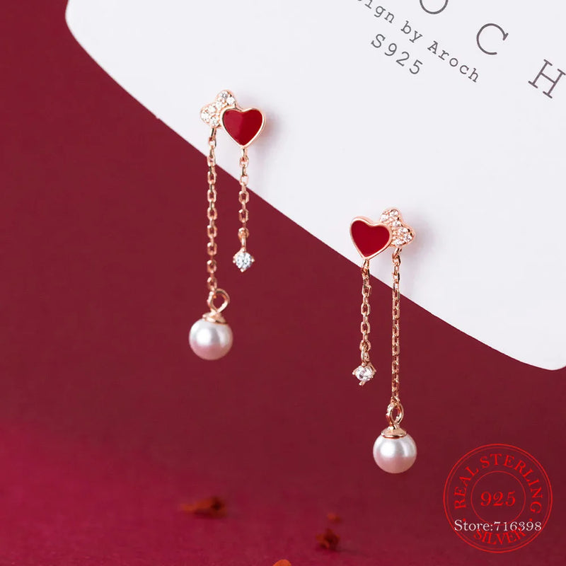 925 Silver Crystal Pearl Heart Tassel Stud Earrings Wedding Jewelry Gift