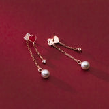 925 Silver Crystal Pearl Heart Tassel Stud Earrings Wedding Jewelry Gift