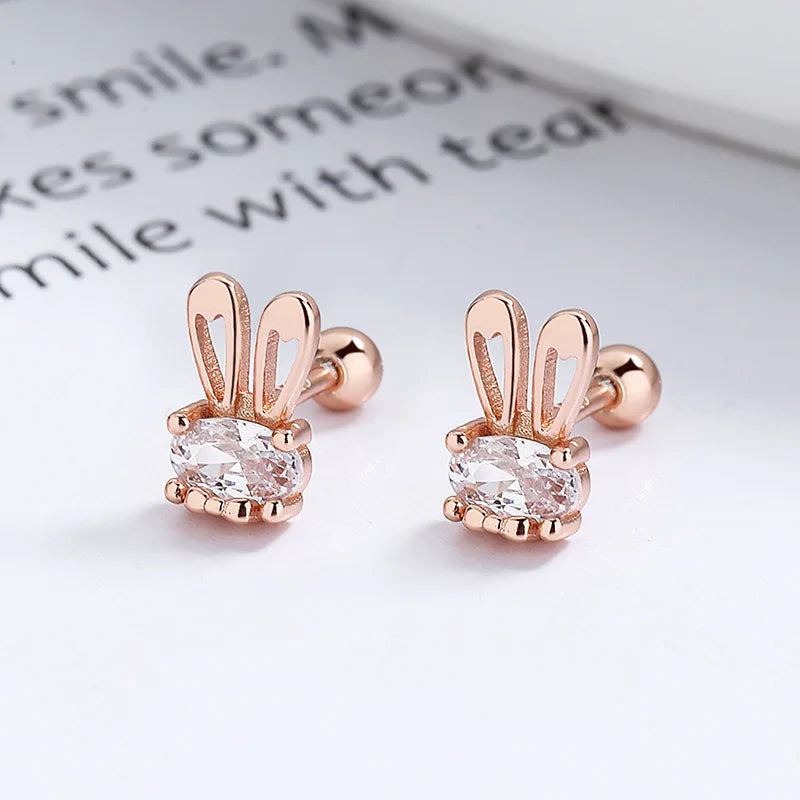 925 Silver Crystal Rabbit Stud Earrings for Women Kids Party Jewelry