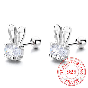 925 Silver Crystal Rabbit Stud Earrings for Women Kids Party Jewelry
