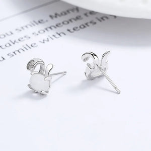 925 Silver Opal Rabbit Stud Earrings for Girls Party Jewelry
