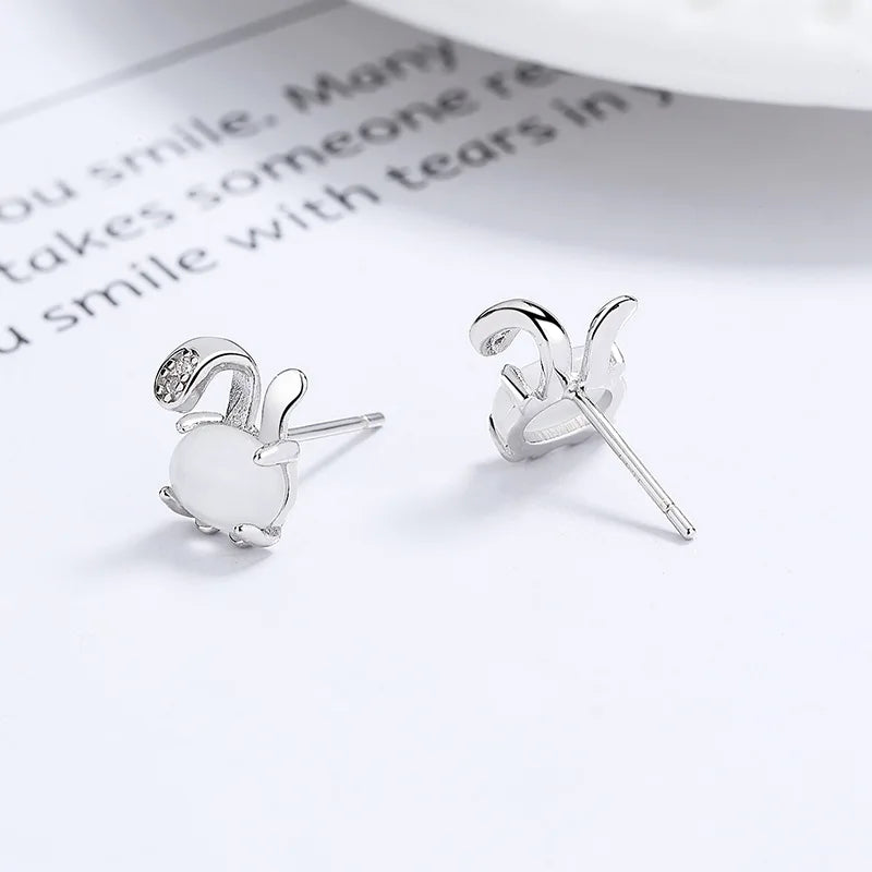 925 Silver Opal Rabbit Stud Earrings for Girls Party Jewelry