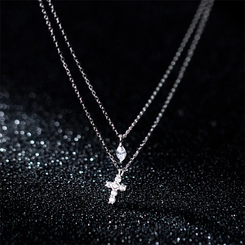 925 Silver Double Layer Crystal Cross Pendant Necklace for Women