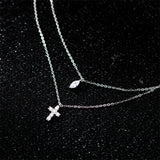 925 Silver Double Layer Crystal Cross Pendant Necklace for Women