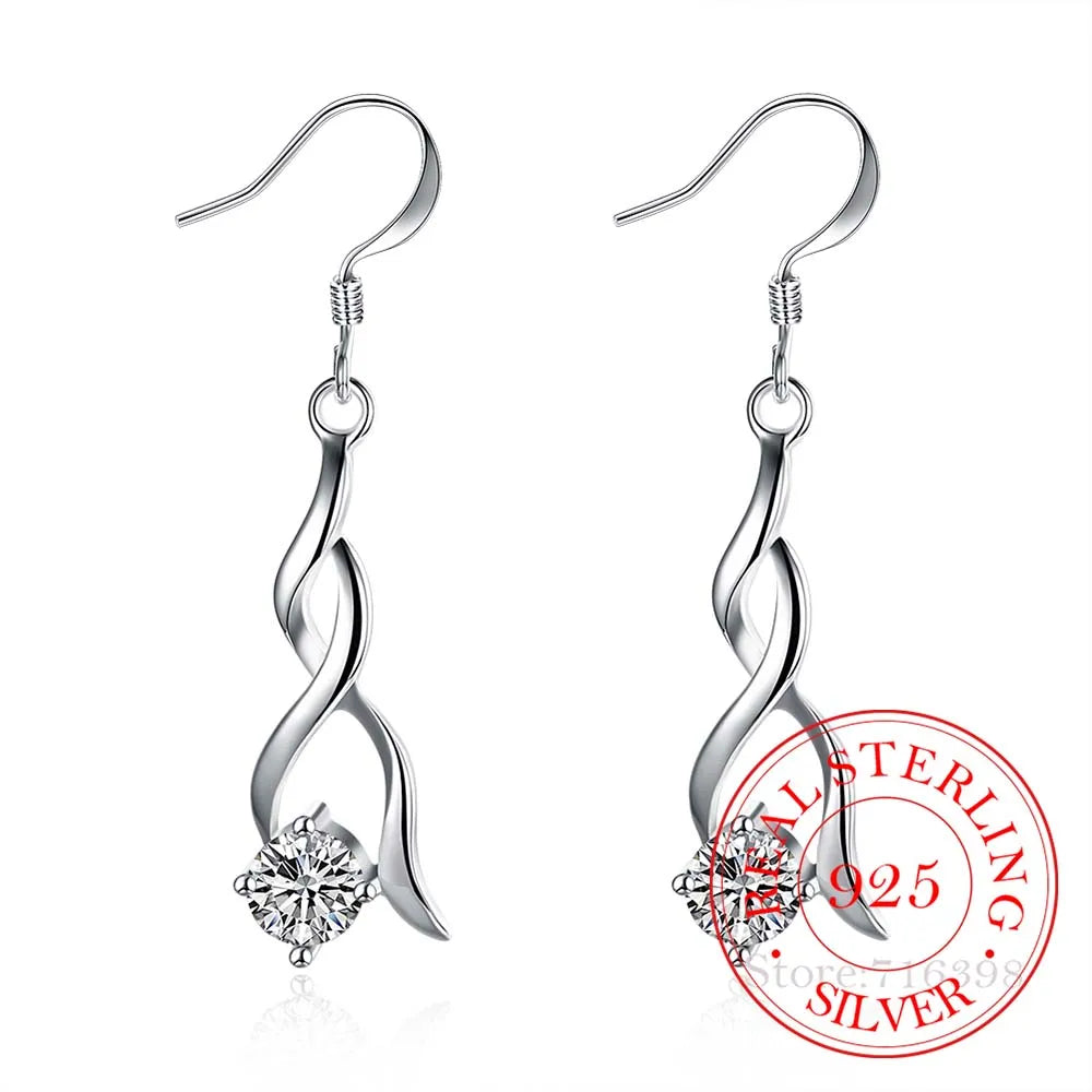 925 Silver Crystal Tassel Dangle Earrings Wedding Jewelry