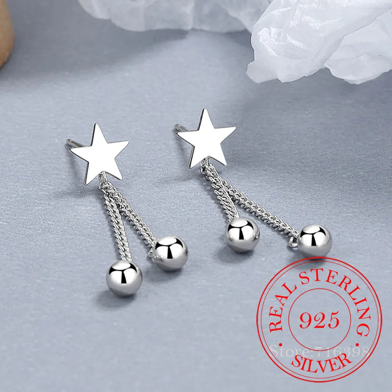 925 Silver Tassel Star Ball Stud Earrings Wedding Party Jewelry