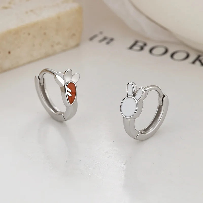925 Silver Rabbit Carrot Asymmetry Hoop Earrings Gift