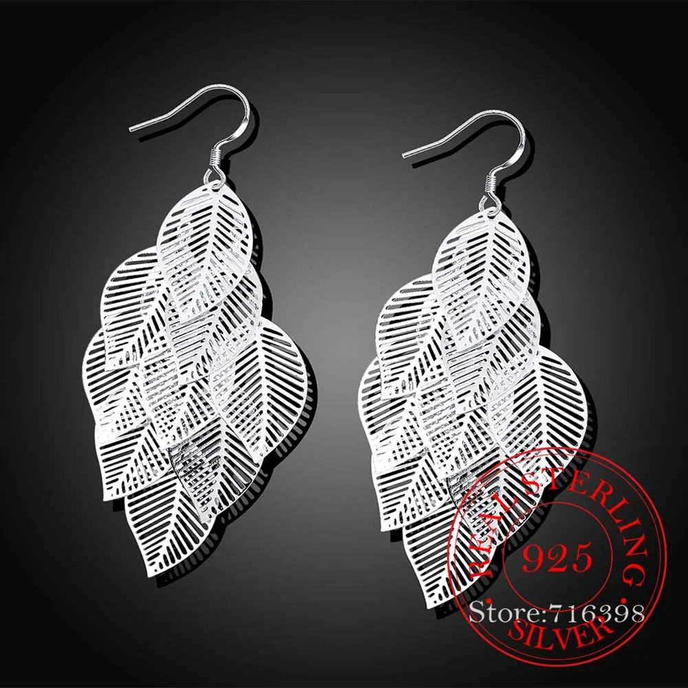 925 Silver Leaf Vintage Tassel Dangle Earrings