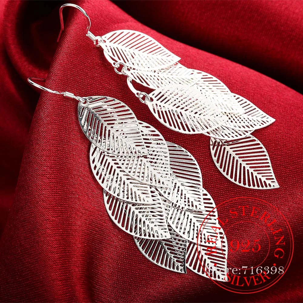 925 Silver Leaf Vintage Tassel Dangle Earrings