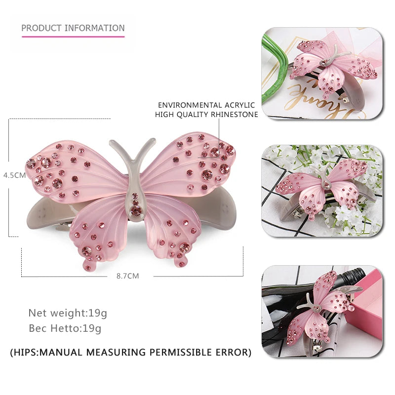 Pink Rhinestone Butterfly Hair Clips