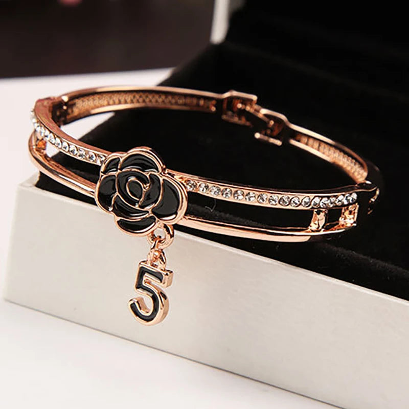 Enamel Camellia Bangle Crystal Letter Bangles Wedding Jewelry