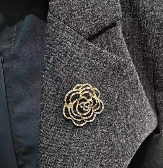 Camellia Crystal Flower Brooch Pin for Women Party Accessory