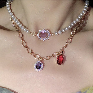 Colorful Crystal Pendant Necklace for Women Vintage Y2K Choker Necklace