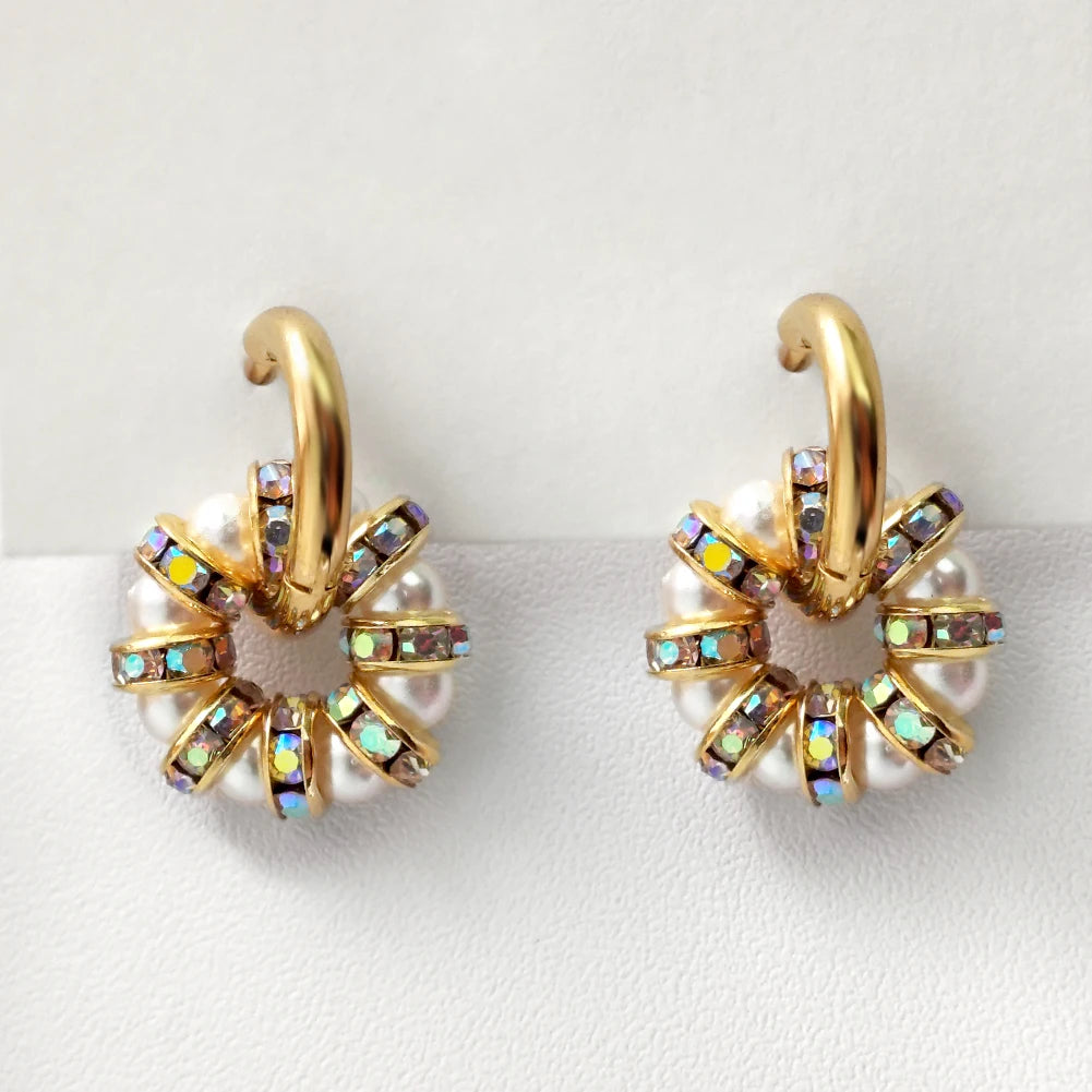 Colorful Crystal Pearl Hoop Earrings For Women Golden Stainless Steel Jewelry