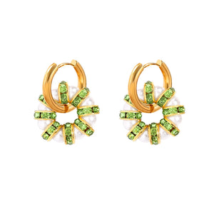 Colorful Crystal Pearl Hoop Earrings For Women Golden Stainless Steel Jewelry