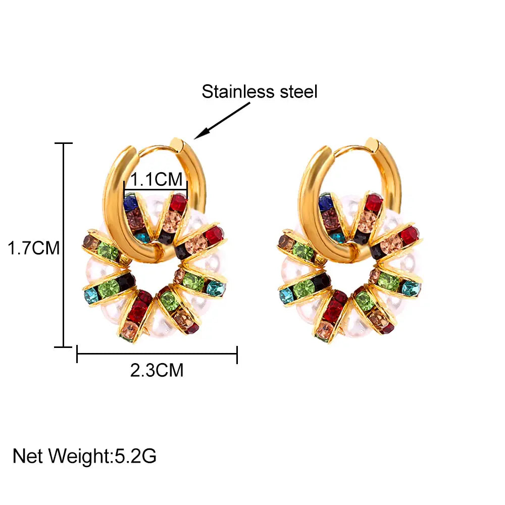 Colorful Crystal Pearl Hoop Earrings For Women Golden Stainless Steel Jewelry