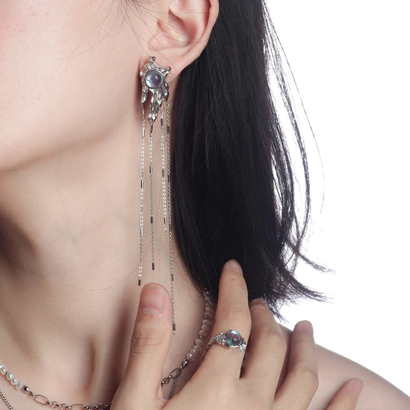 Colorful Moonstone Goth Drop Earrings Long Tassel Chain Dangle Earring