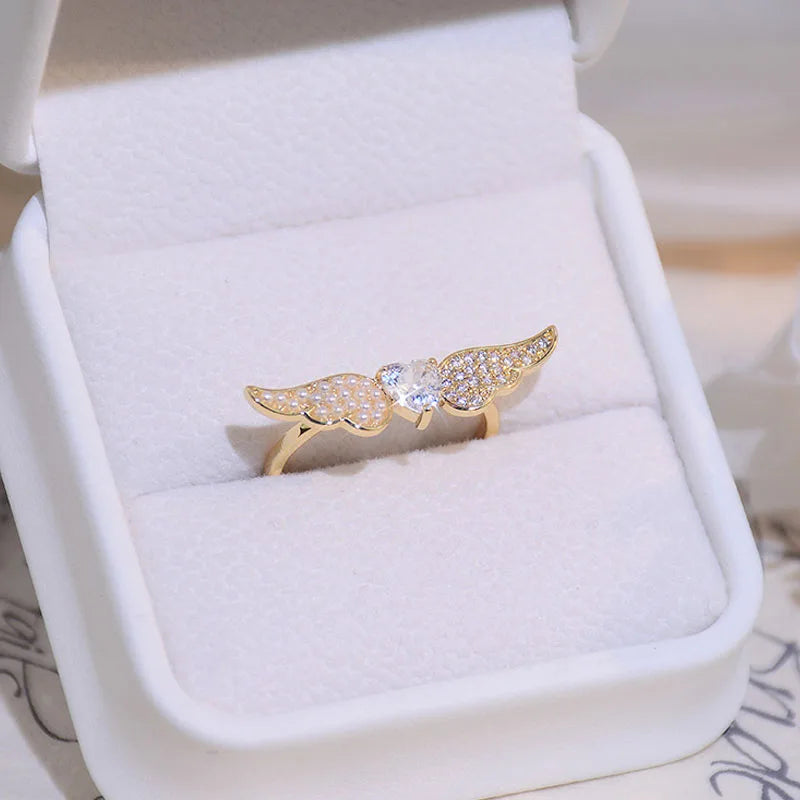 14K Zircon Micro Inlaid Pearl Wing Ring for Women