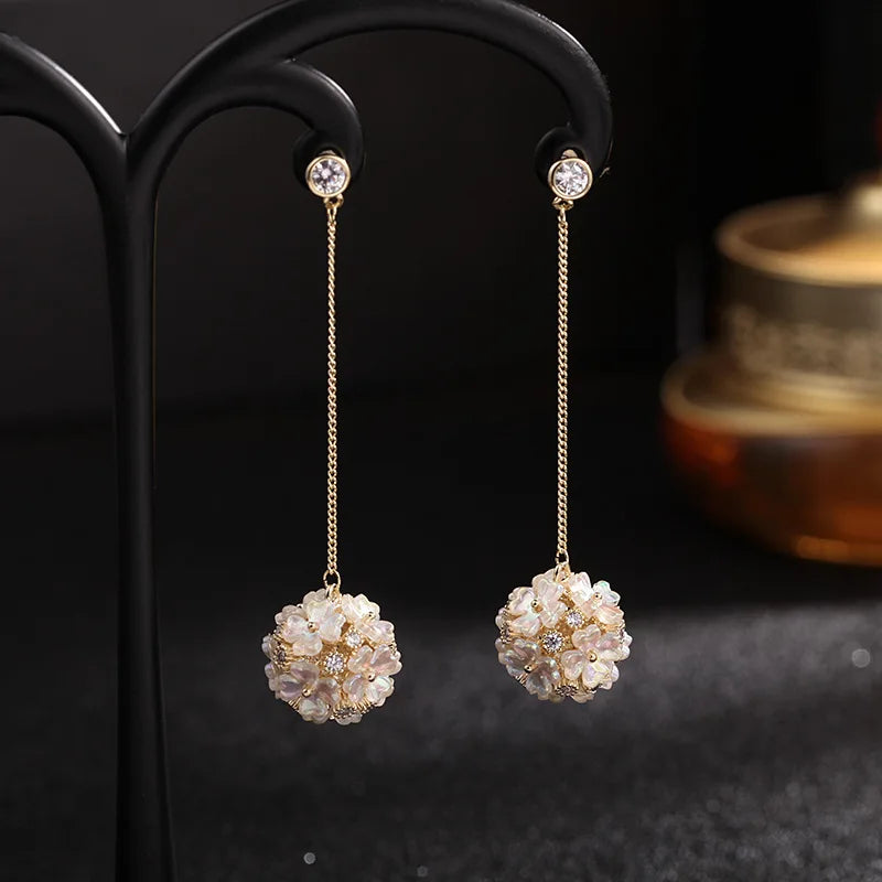 Flower Ball 925 Silver Needle Earrings Zircon Shell Drop Earrings