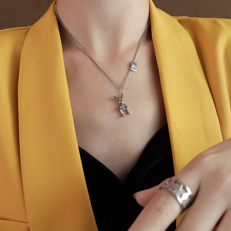 Mechanical Rabbit Pendant Necklace Stainless Steel Girls Christmas Gift