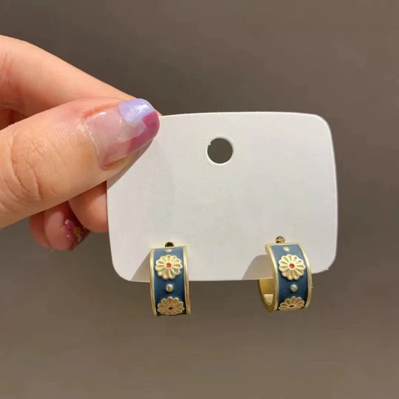 Vintage Flower Enamel Stud Earrings Boucle d'oreille Brincos