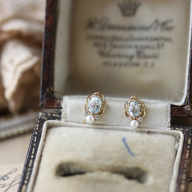 French Freshwater Pearl Round Crystal Earrings 925 Sterling Silver 14K Plated