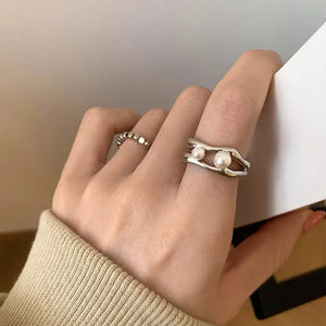 Silver Double Pearl Opening Rings for Women - Birthday Gift