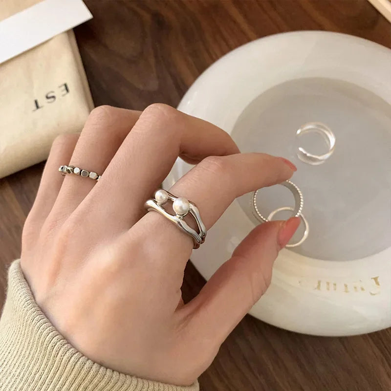 Silver Double Pearl Opening Rings for Women - Birthday Gift