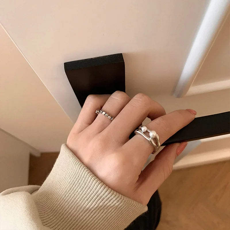 Silver Double Pearl Opening Rings for Women - Birthday Gift