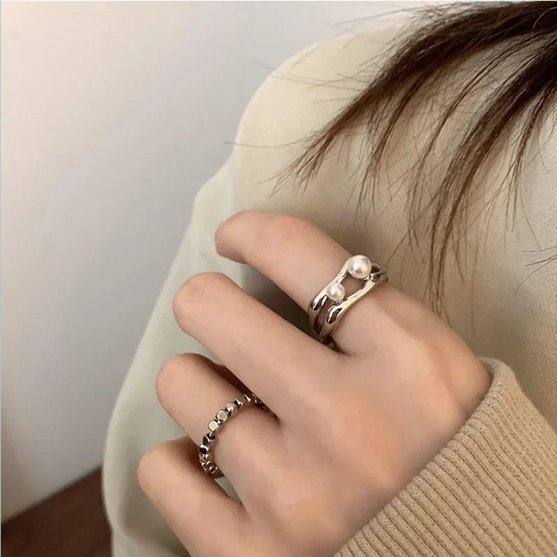 Silver Double Pearl Opening Rings for Women - Birthday Gift