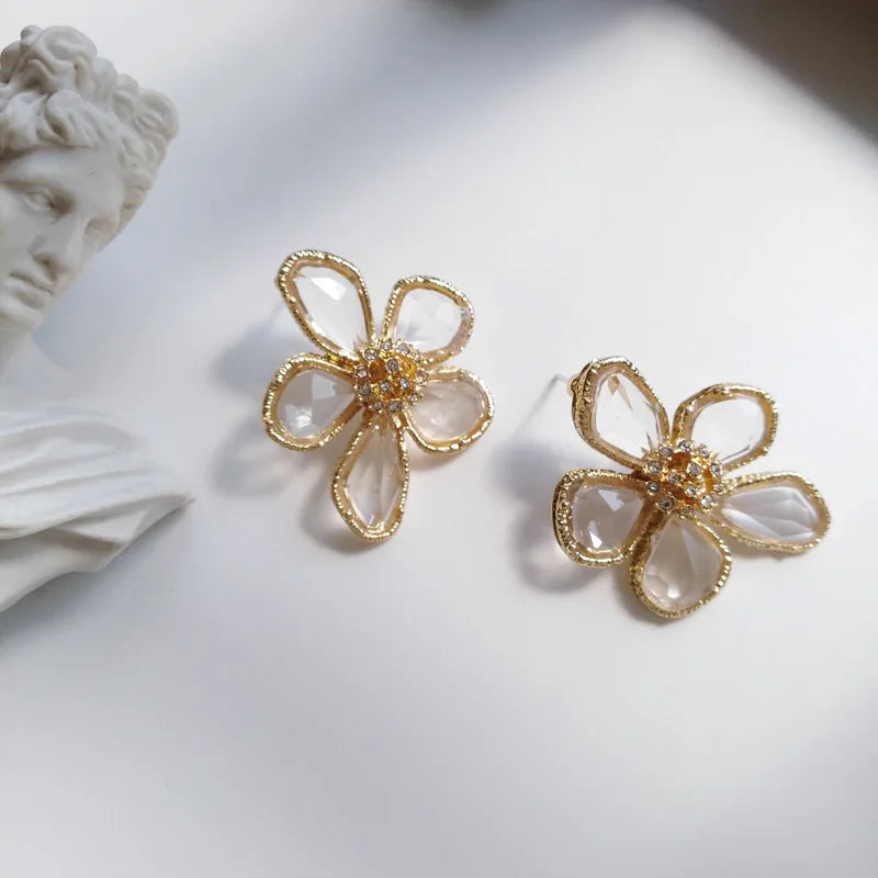 Exaggerated Glass Flower Earrings Transparent Rhinestone Clip No Piercing