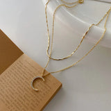 14k Moon Stars Zircon Pendant Double Layered Chain Necklace