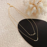 14k Moon Stars Zircon Pendant Double Layered Chain Necklace