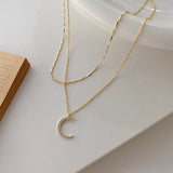 14k Moon Stars Zircon Pendant Double Layered Chain Necklace