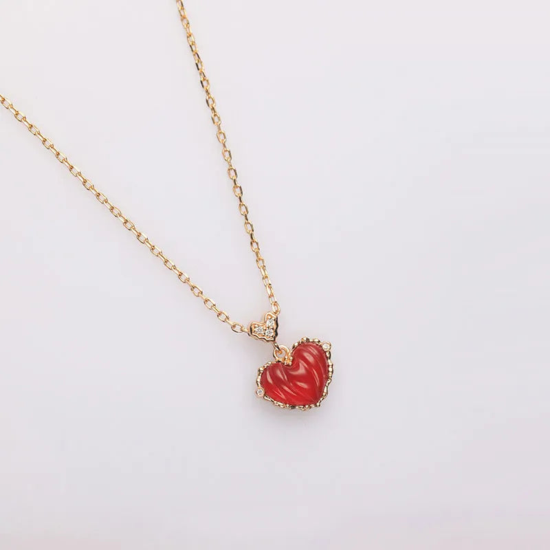 925 Silver Red Agate Heart Shape Necklace for Women Fine Jewelry