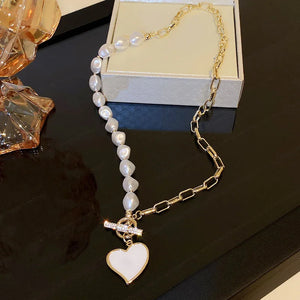 Asymmetrical Heart Necklace Pearl Zirconia Clavicle Chain