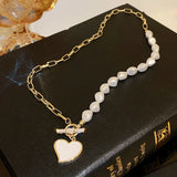 Asymmetrical Heart Necklace Pearl Zirconia Clavicle Chain
