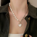 Asymmetrical Heart Necklace Pearl Zirconia Clavicle Chain