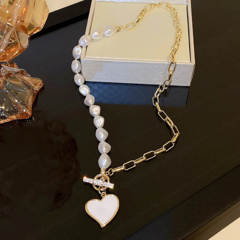Asymmetrical Heart Necklace Pearl Zirconia Clavicle Chain