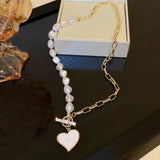 Asymmetrical Heart Necklace Pearl Zirconia Clavicle Chain